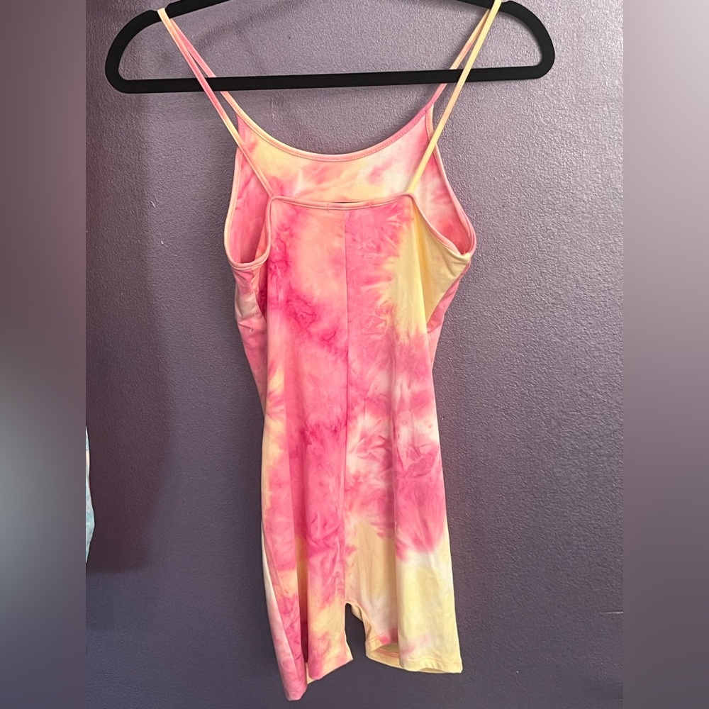 Tie-dye pink orange yellow white mini micro dress stretch tight bodysuit shorts